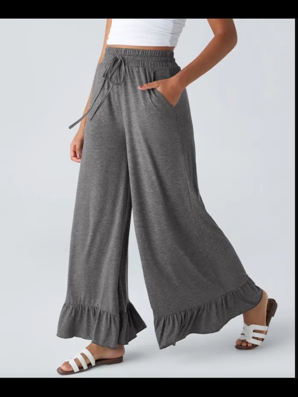 NWT HALARA Charcoal Wide Leg Ruffle Hem Pants